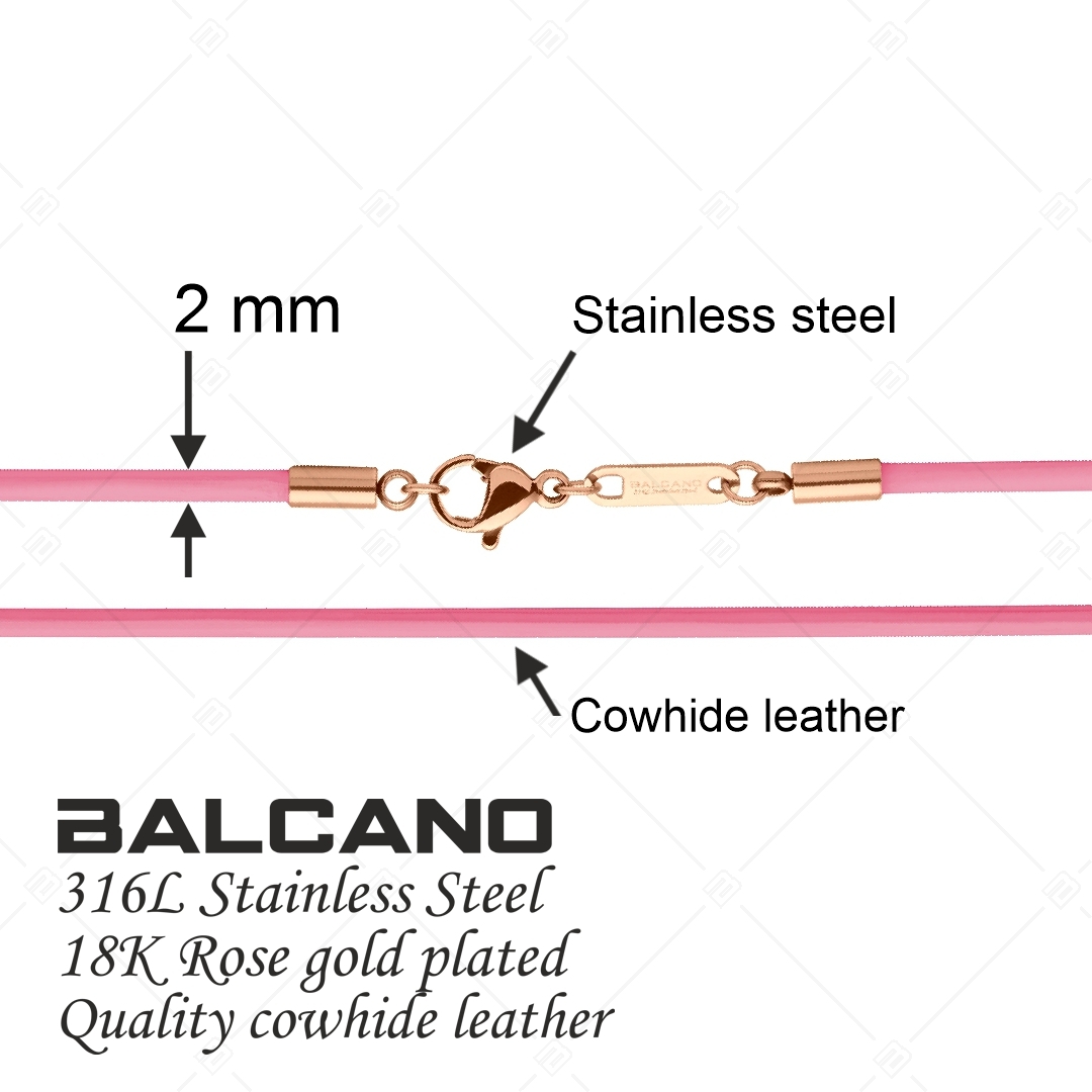 BALCANO - Collier en cuir rose avec fermoir à pince de homard en acier inoxydable, plaqué or rose 18K - 2 mm (552096LT28)