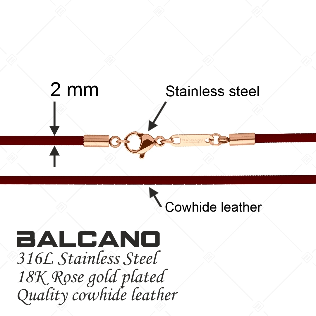 BALCANO - Cordino / Collier en cuir bordeaux avec fermoir à pince de homard en acier inoxydable, plaqué or rose 18K - 2  (552096LT29)