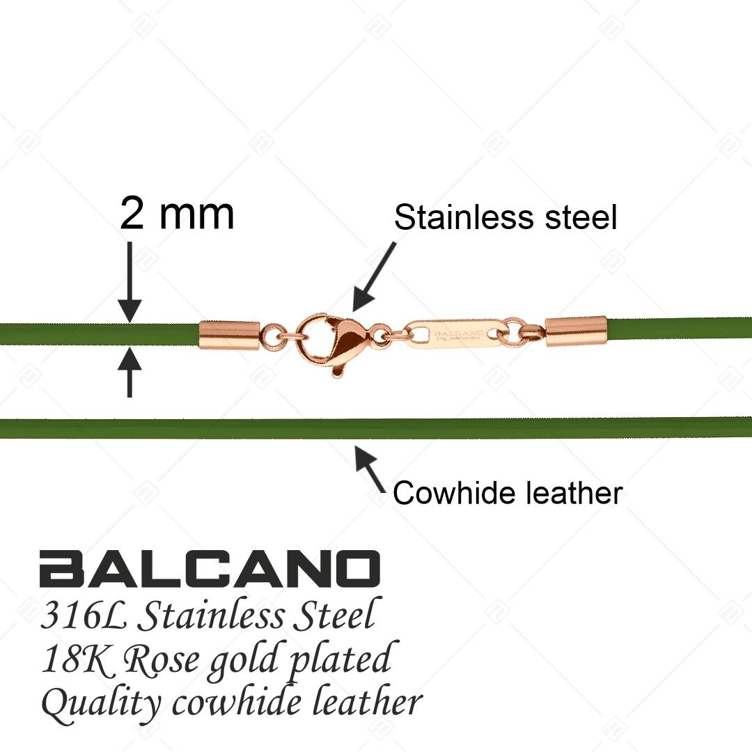BALCANO - Cordino / Collier en cuir vert avec fermoir à pince de homard en acier inoxydable, plaqué or rose 18K - 2 mm (552096LT38)