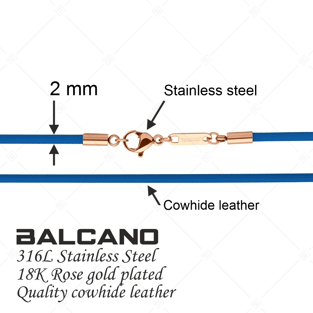 BALCANO - Cordino / Collier en cuir bleu avec fermoir à pince de homard en acier inoxydable, plaqué or rose 18K - 2 mm (552096LT48)