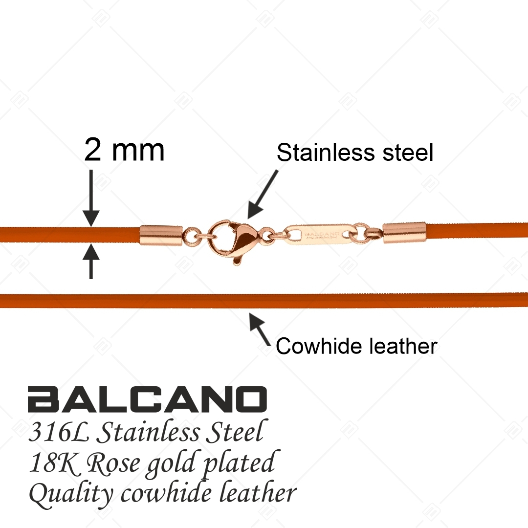 BALCANO - Cordino / Collier en cuir orange avec fermoir à pince de homard en acier inoxydable, plaqué or rose 18K - 2 mm (552096LT55)