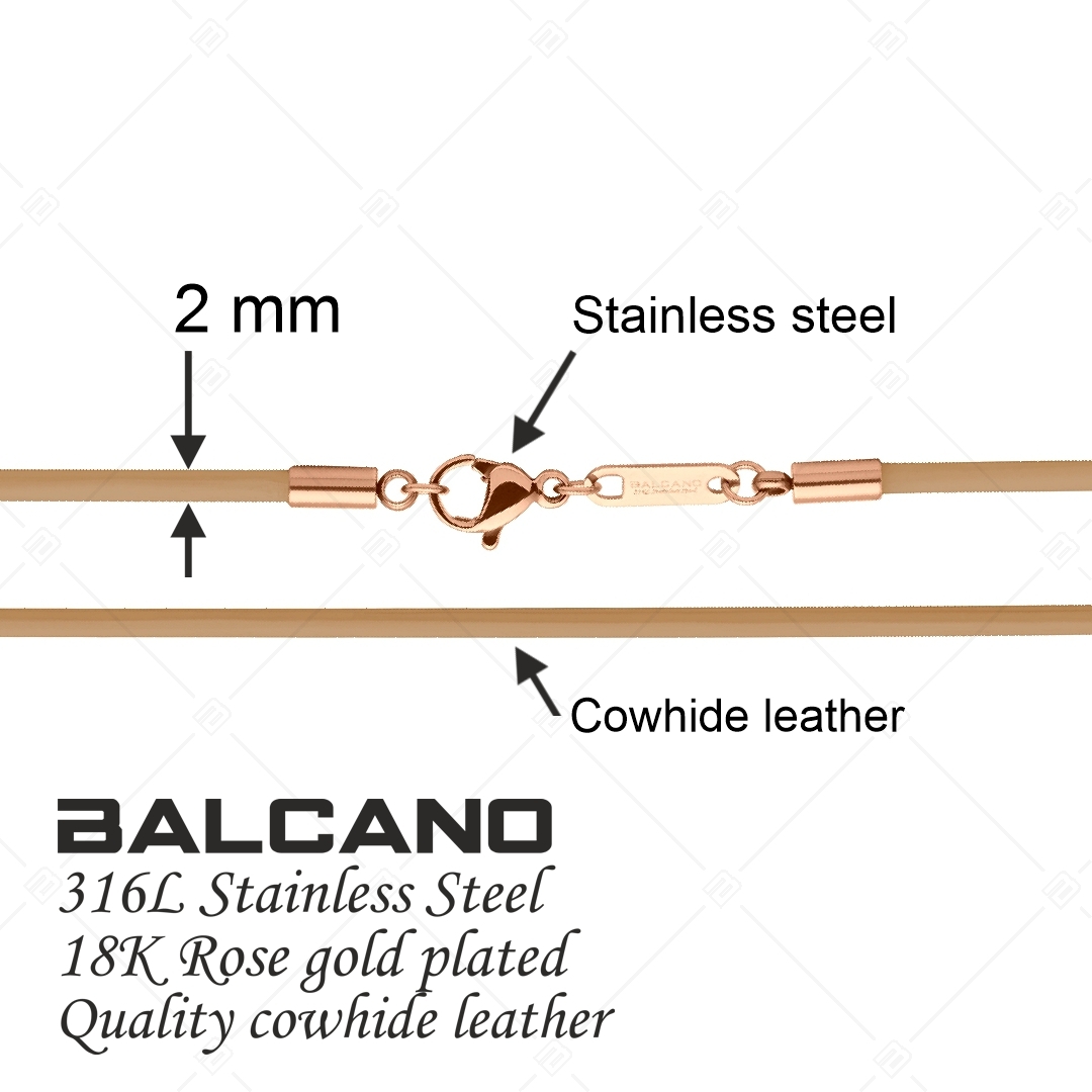 BALCANO - Cordino / Light Brown Leather Necklace With 18K Rose Gold Plated Stainless Steel Lobster Claw Clasp - 2 mm (552096LT68)