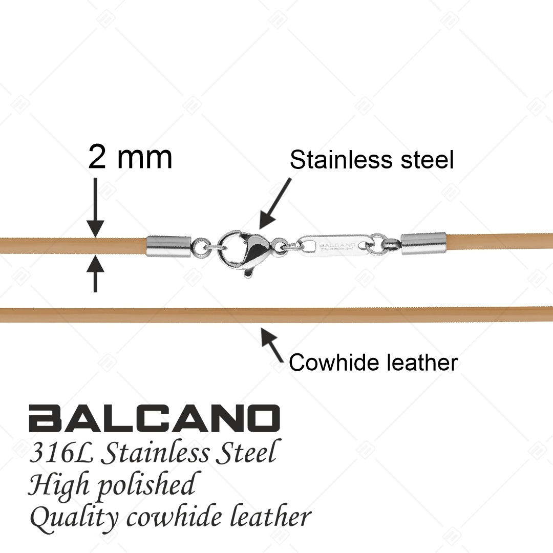 BALCANO - Cordino / Light Brown Leather Necklace With High Polish Stainless Steel Lobster Claw Clasp - 2 mm (552097LT68)