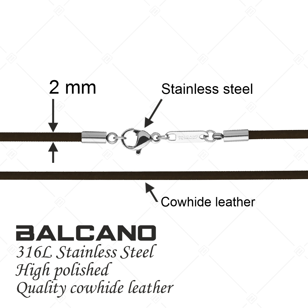 BALCANO - Cordino / Dark Brown Leather Necklace With High Polished Stainless Steel Lobster Claw Clasp - 2 mm (552097LT69)