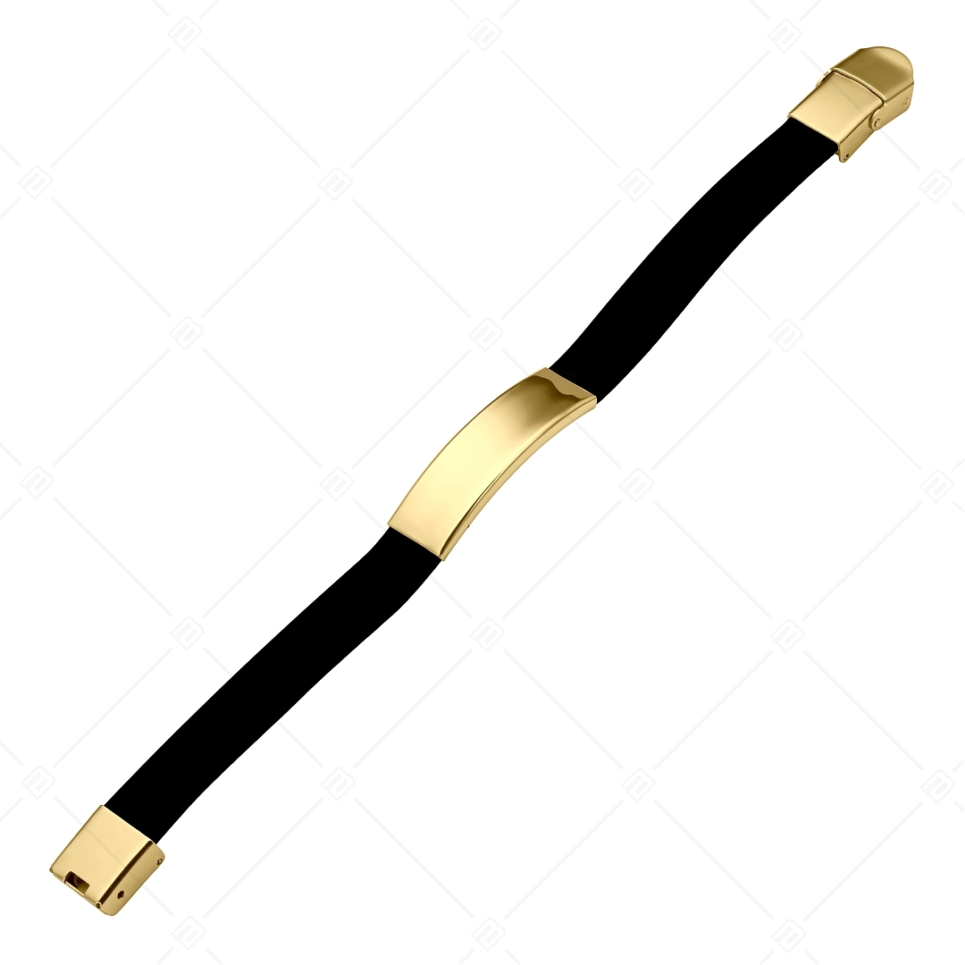 BALCANO - Bracelet en caoutchouc noir avec tête rectangulaire gravable en acier inoxydable plaqué or 18K (553088CA11)