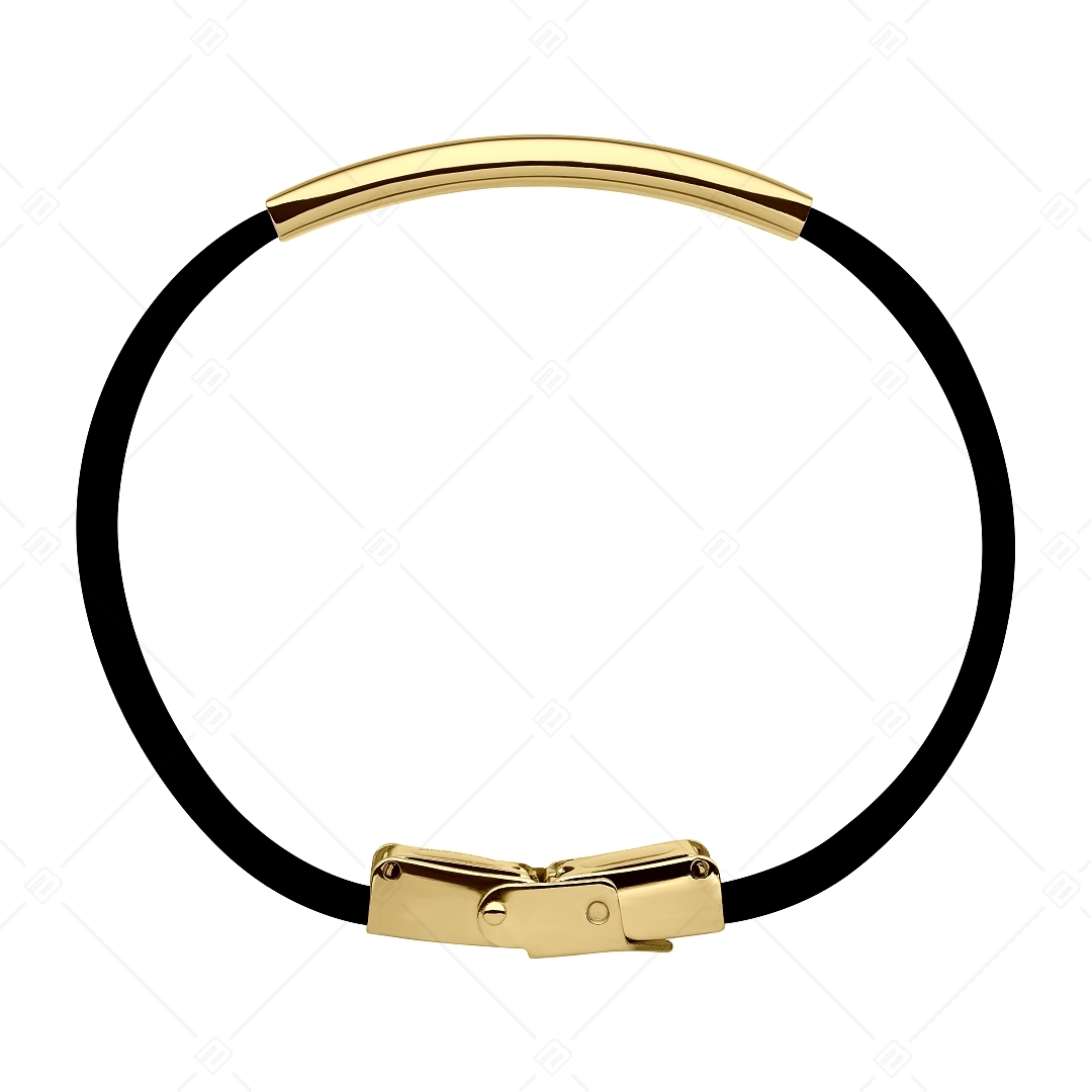 BALCANO - Bracelet en caoutchouc noir avec tête rectangulaire gravable en acier inoxydable plaqué or 18K (553088CA11)