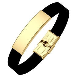 BALCANO - Bracelet en caoutchouc noir avec tête rectangulaire gravable en acier inoxydable plaqué or 18K