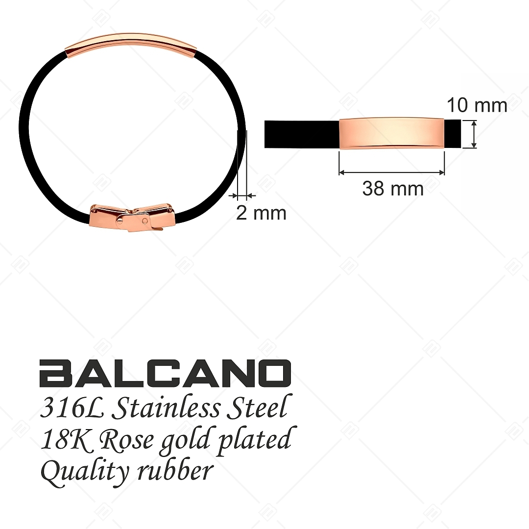 BALCANO - Black rubber bracelet with engravable rectangular 18K rose gold plated stainless steel headpiece (553096CA11)