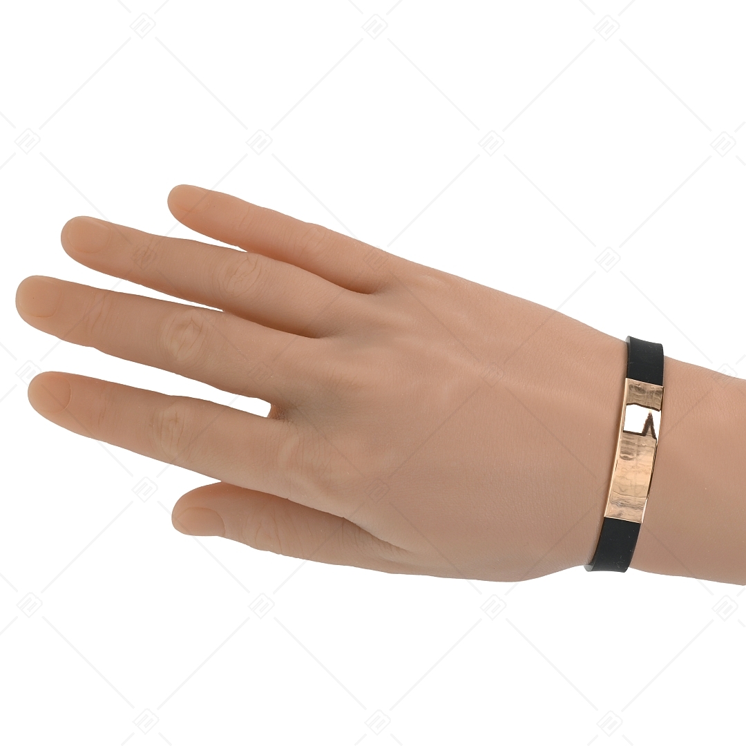 BALCANO - Black rubber bracelet with engravable rectangular 18K rose gold plated stainless steel headpiece (553096CA11)