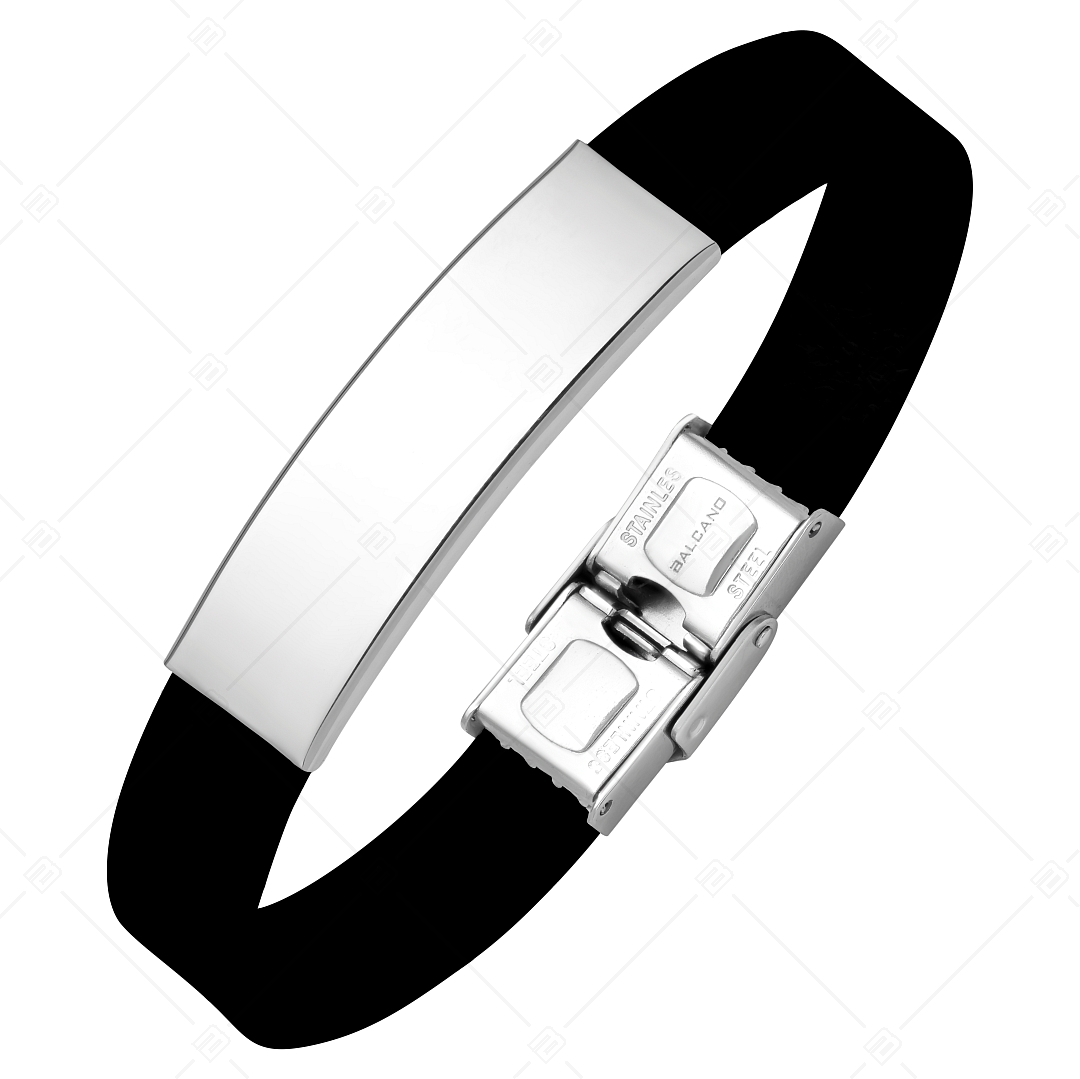 BALCANO - Black rubber bracelet with engravable rectangular stainless steel headpiece (553097CA11)