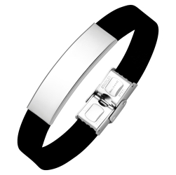 BALCANO - Bracelet en caoutchouc noir avec tête rectangulaire gravable en acier inoxydable