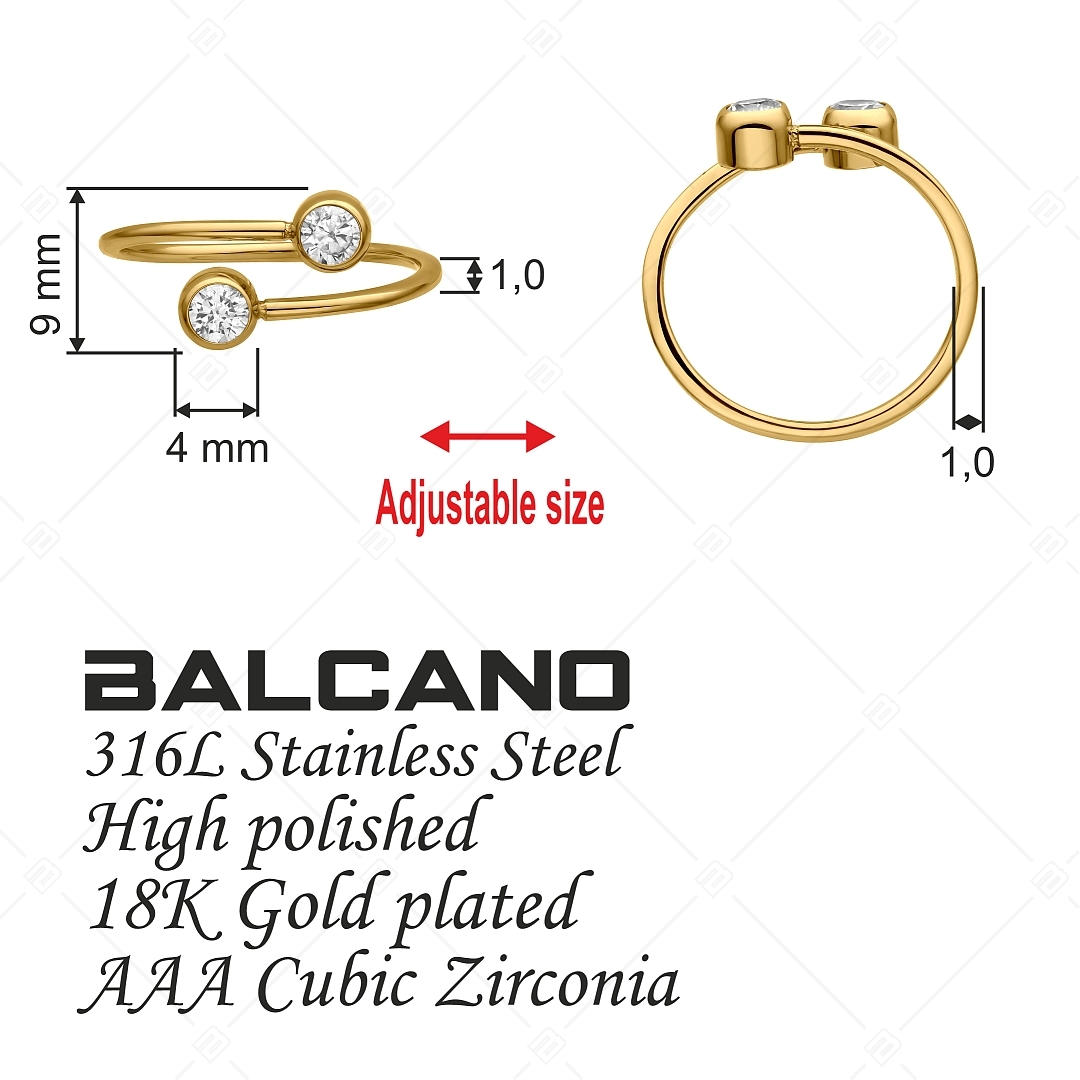 BALCANO - Twins / Anneau d'orteil en acier inoxydable avec deux pierres rondes en zinconia, plaqué or 18K (651015BC88)