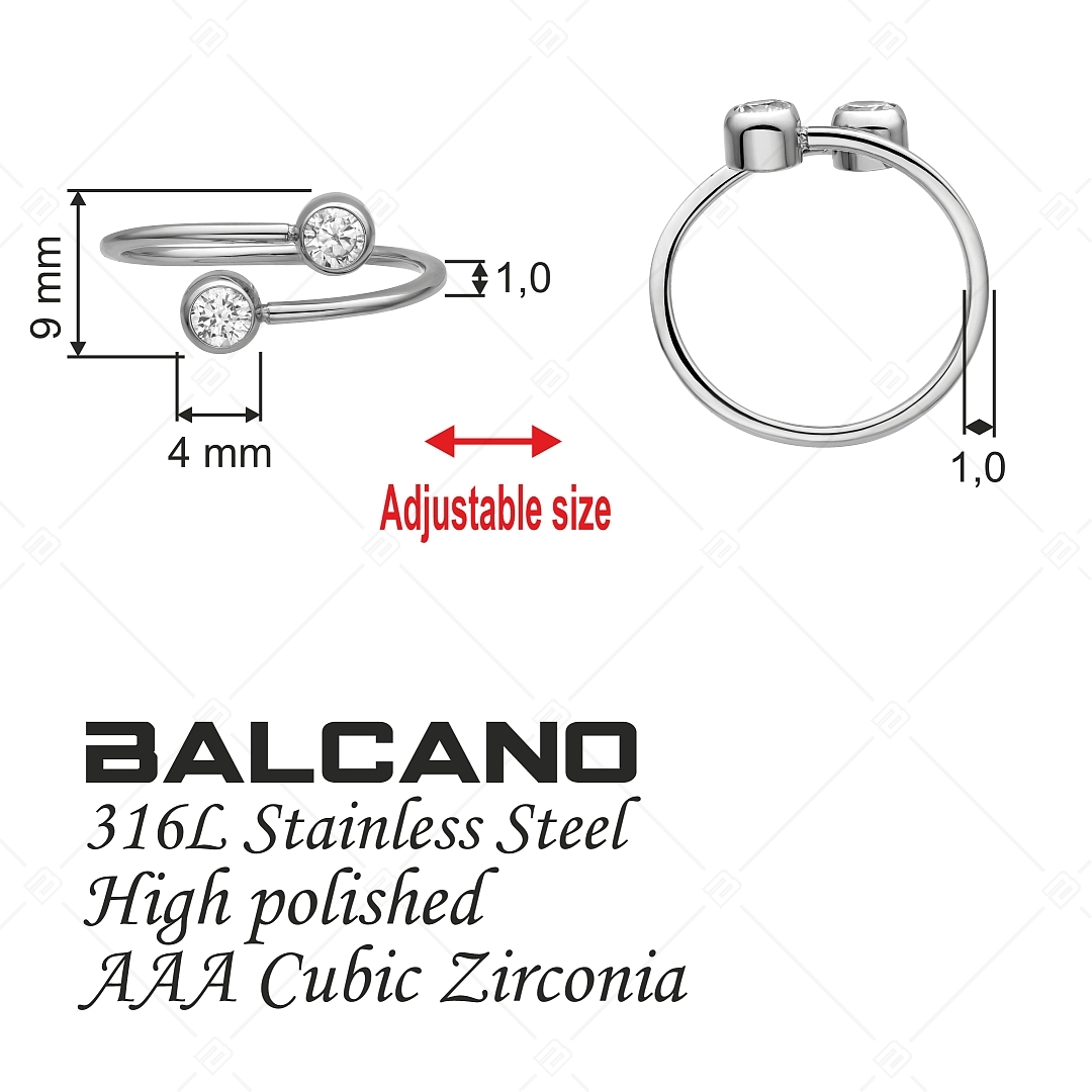 BALCANO - Twins / Anneau d'orteil en acier inoxydable avec deux pierres rondes en zinconia, avec hautement polie (651015BC97)