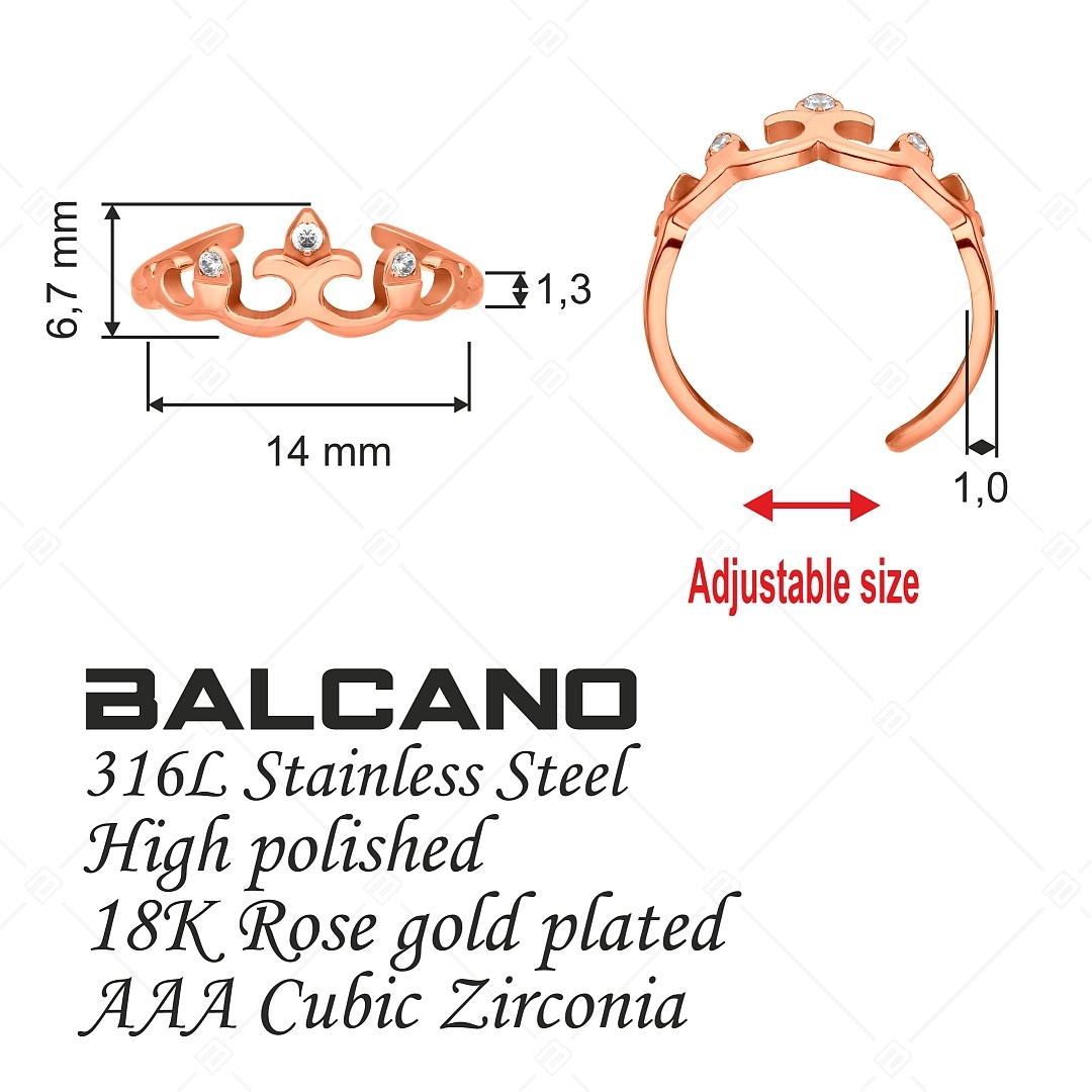 BALCANO - Crown / Anneau d'orteil en acier inoxydable en forme de couronne avec pierres en zinconia, plaqué or rose 18K (651016BC96)