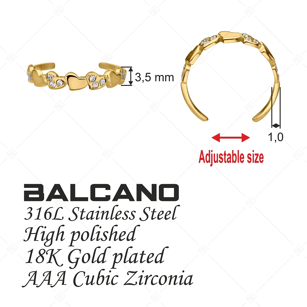 BALCANO - Hearts / Bague d'orteil en acier inoxydable en forme de nombreux cœurs avec pierres en zinconia, plaqué or 18K (651017BC88)