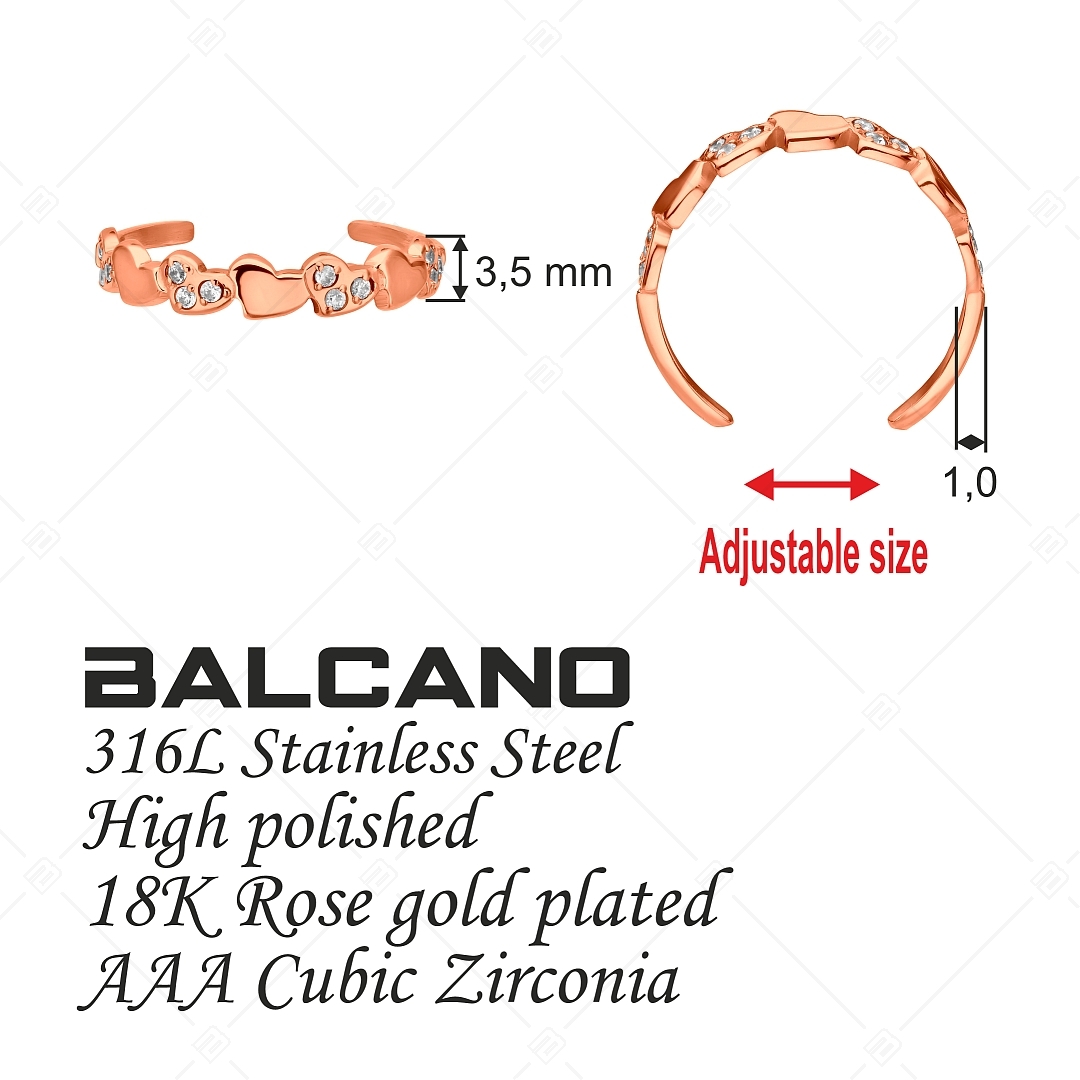 BALCANO - Hearts / Bague d'orteil en acier inoxydable en forme de nombreux cœurs avec pierres en zinconia, plaqué or ros (651017BC96)