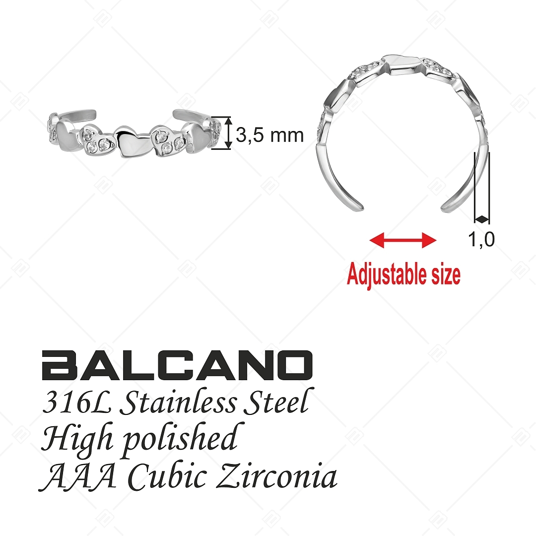BALCANO - Hearts / Bague d'orteil en acier inoxydable en forme de nombreux cœurs avec pierres en zinconia, avec hautemen (651017BC97)