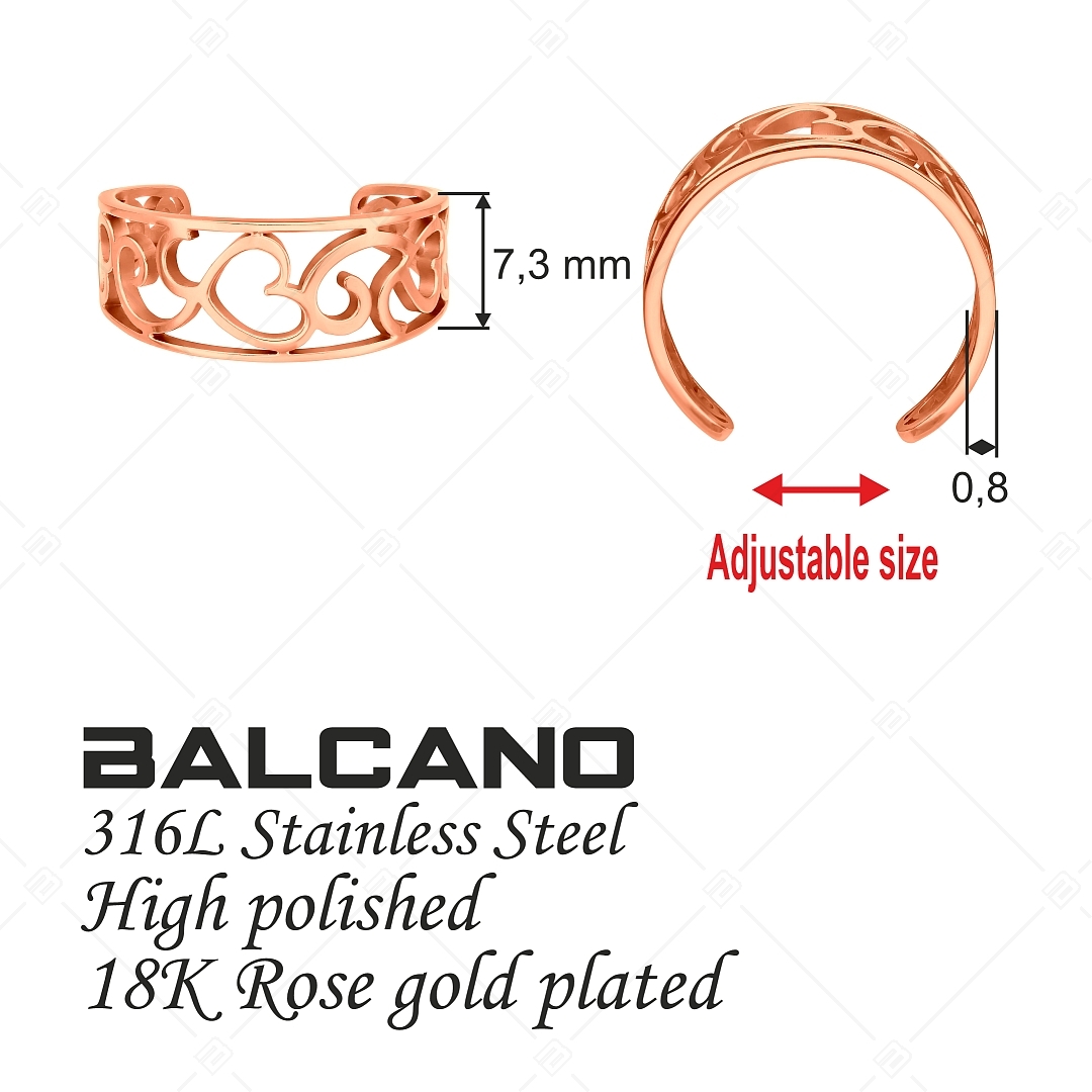 BALCANO - Vintage / Anneau d'orteil en acier inoxydable avec motif de cœur filigrané, plaqué or rose 18K (651020BC96)
