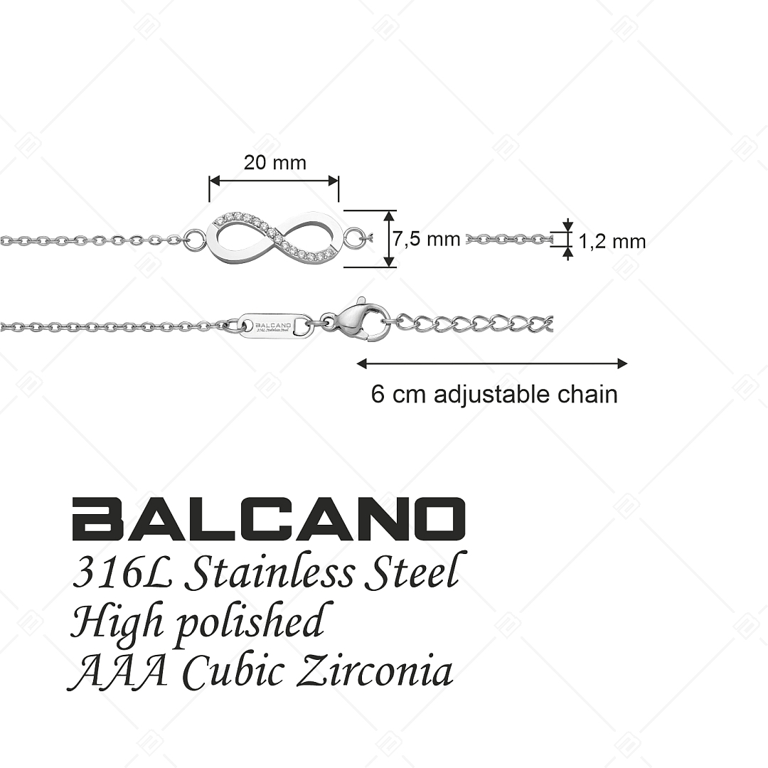 BALCANO - Infinity / Stainless Steel Cable Chain Anklet with Zirconia Gemstones, High Polished (751209BC97)