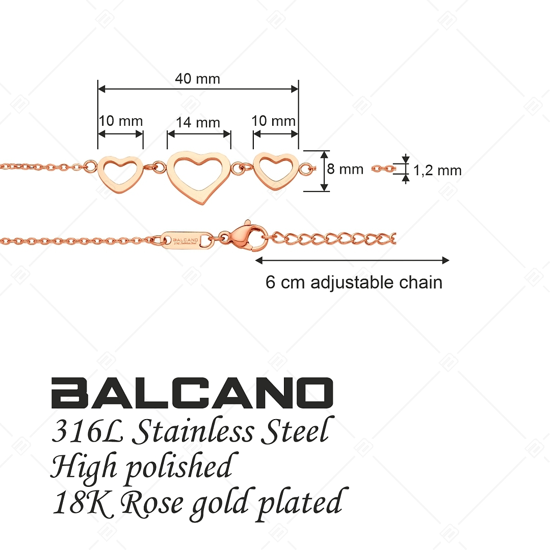 BALCANO - Cuore / Stainless Steel Cable Chain Anklet, 18K Rose Gold Plated (751500BC96)