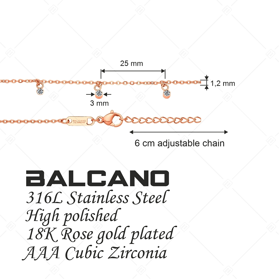 BALCANO - Dolce / Stainless Steel Cable Chain Anklet with Zirconia Gemstones, 18K Rose Gold Plated (751501BC96)