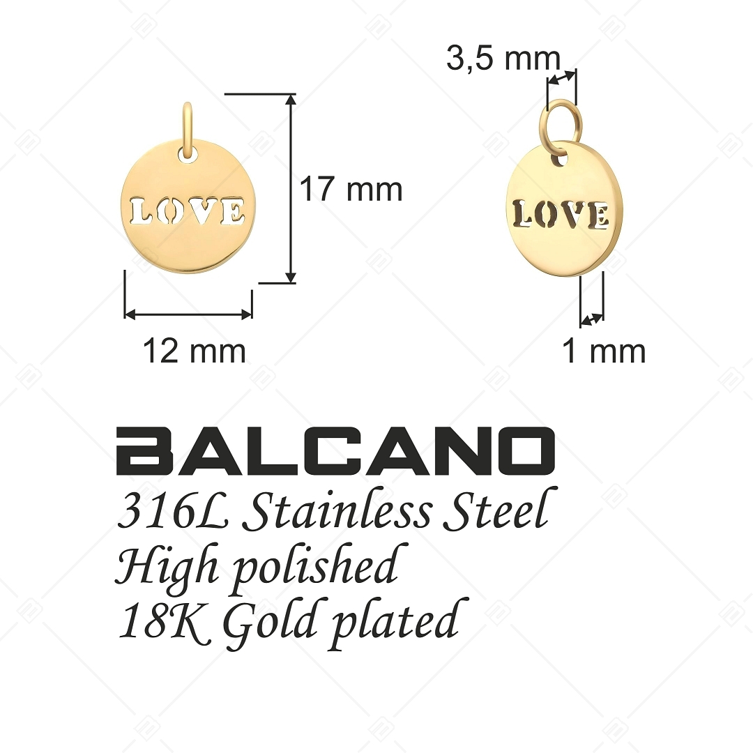 BALCANO - Charm rond avec inscription LOVE, en acier inoxydable plaqué or 18K (851041CH88)