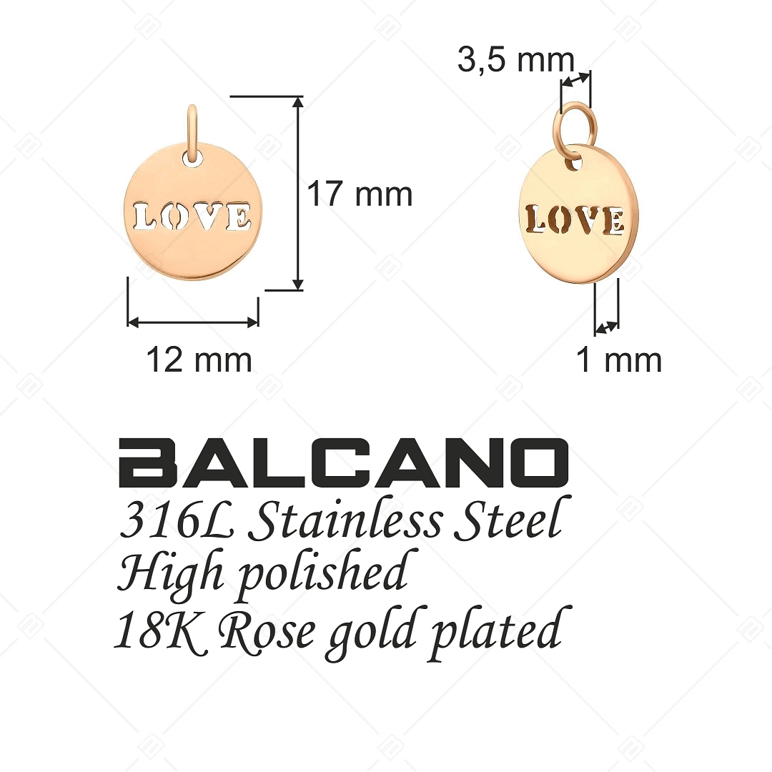 BALCANO - Charm rond avec inscription LOVE, en acier inoxydable plaqué or rose 18K (851041CH96)
