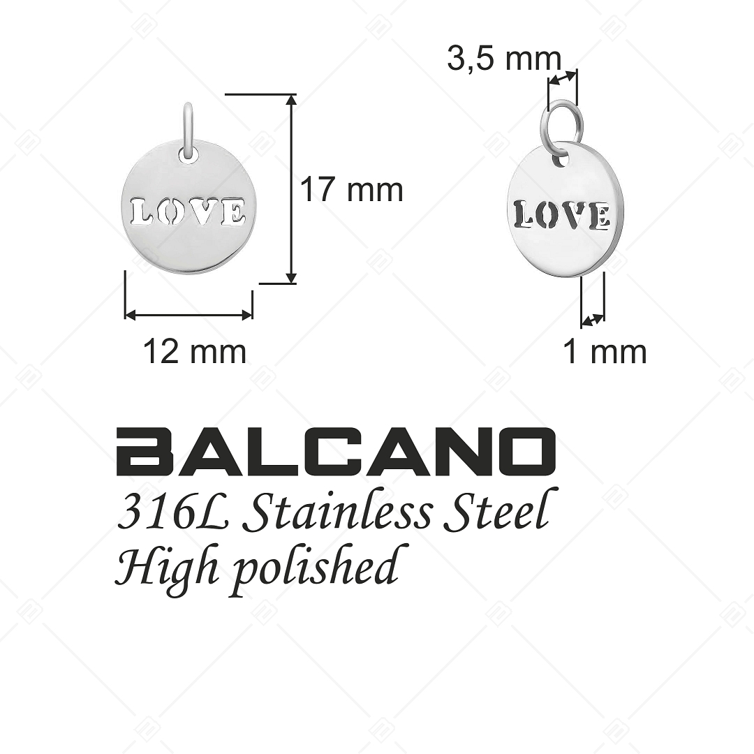 BALCANO - Charm rond avec inscription LOVE, en acier inoxydable avec hautement polie (851041CH97)