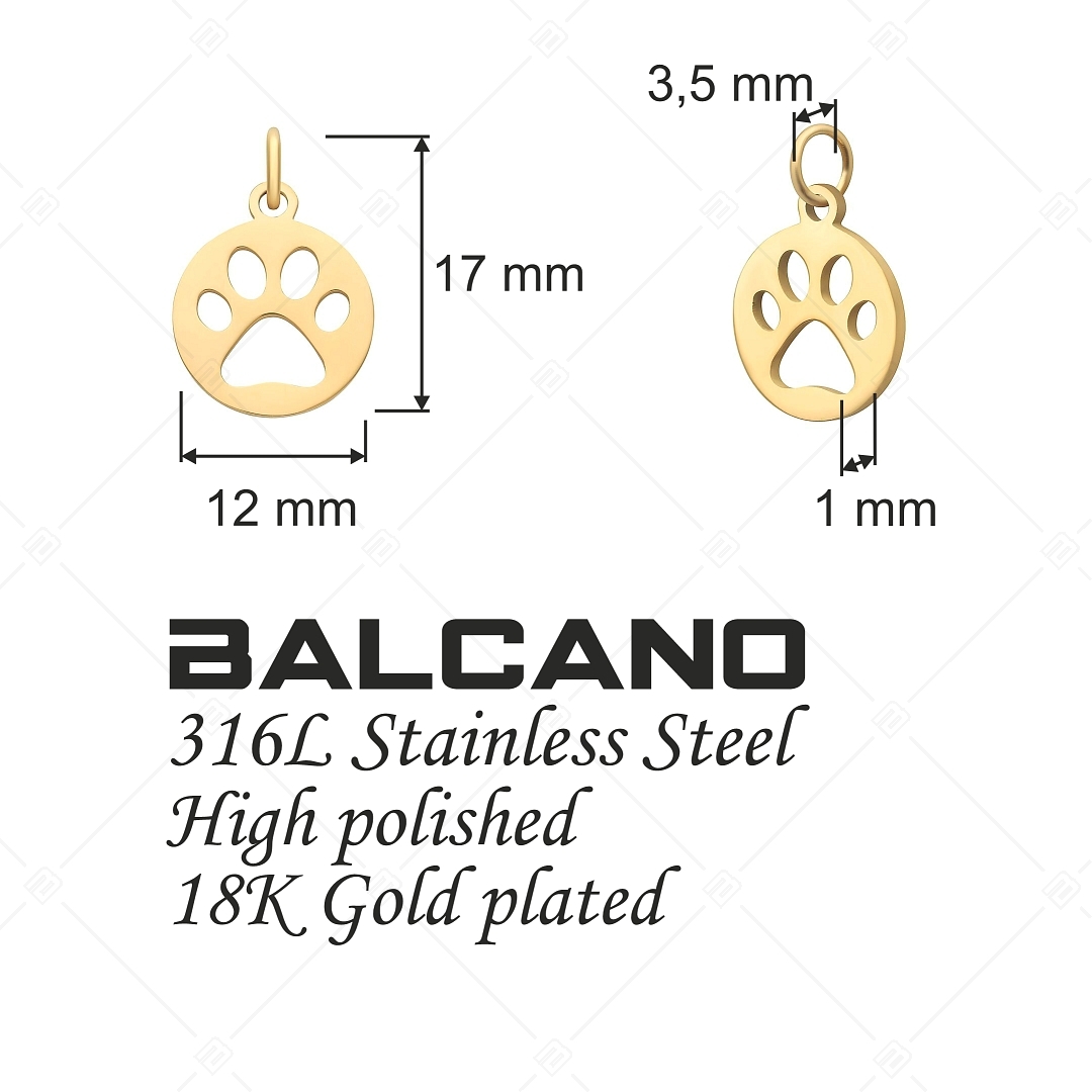 BALCANO - Stainless Steel Round Charm With Paw Pattern, 18K Gold Plated (851045CH88)