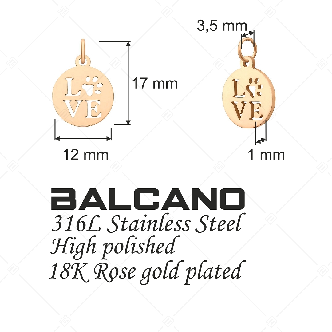 BALCANO - Charm rond avec motif patte et LOVE, en acier inoxydable plaqué or rose 18 K (851046CH96)