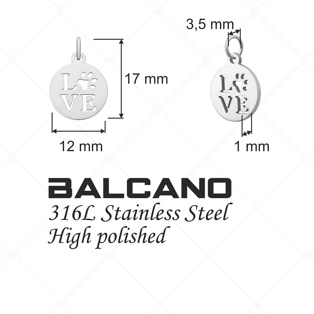 BALCANO - Charm rond avec motif patte et LOVE, en acier inoxydable avec hautement polie (851046CH97)