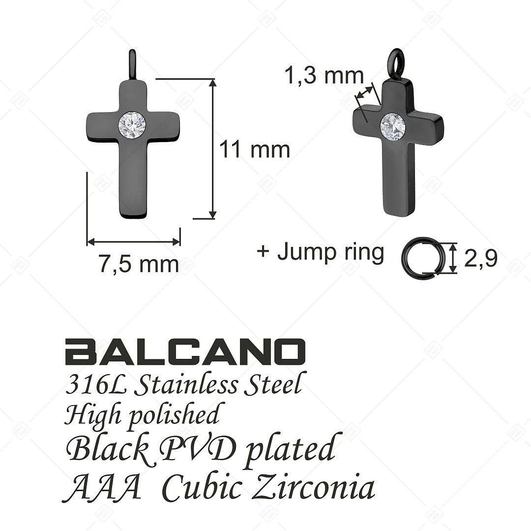BALCANO - Piccolo Croce / Kreuzförmige Edelstahl Charm mit Zirkonia Edelstein, schwarzer PVD-Beschichtung (851063BC11)