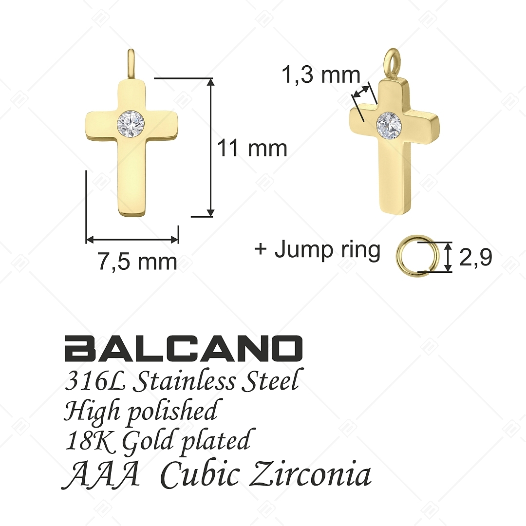 BALCANO - Piccolo Croce / Cross Shaped Stainless Steel Charm with Zirconia, 18K Gold Plated (851063BC88)
