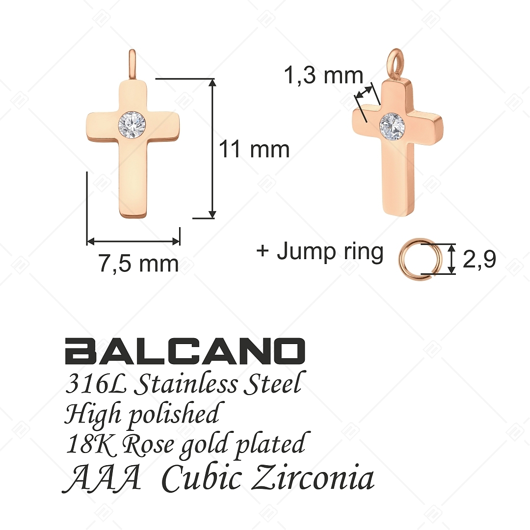 BALCANO - Piccolo Croce / Kreuzförmige Edelstahl Charm mit Zirkonia Edelstein und 18K Roségold Beschichtung (851063BC96)